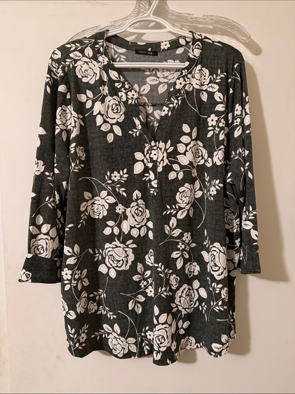 Papermoon Dark Green & White Floral Split V Tunic
